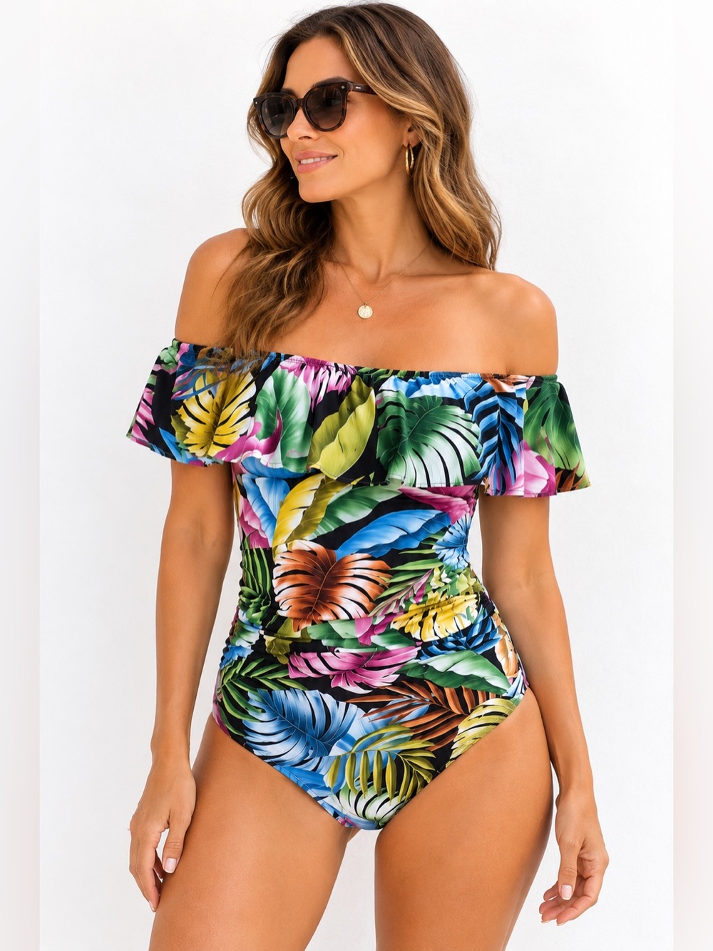 Swim Solutions Tropical Tummy Control Off Shoulder One Piece Swimsuit Size 16